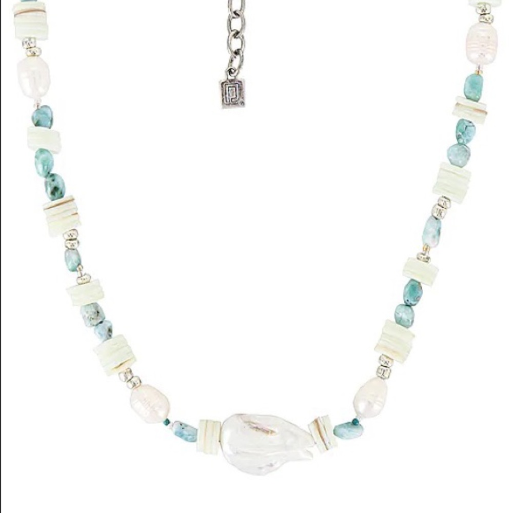 DANNIJO Riviera Freshwater Pearl, Heishi, & Larimar Beaded Necklace NWT - Picture 3 of 14